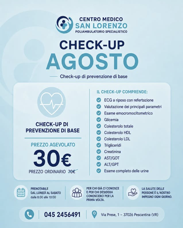 Promozione Check-up Agosto: check-up di prevenzione di base a 30€ anziché 70€, Centro Medico San Lorenzo